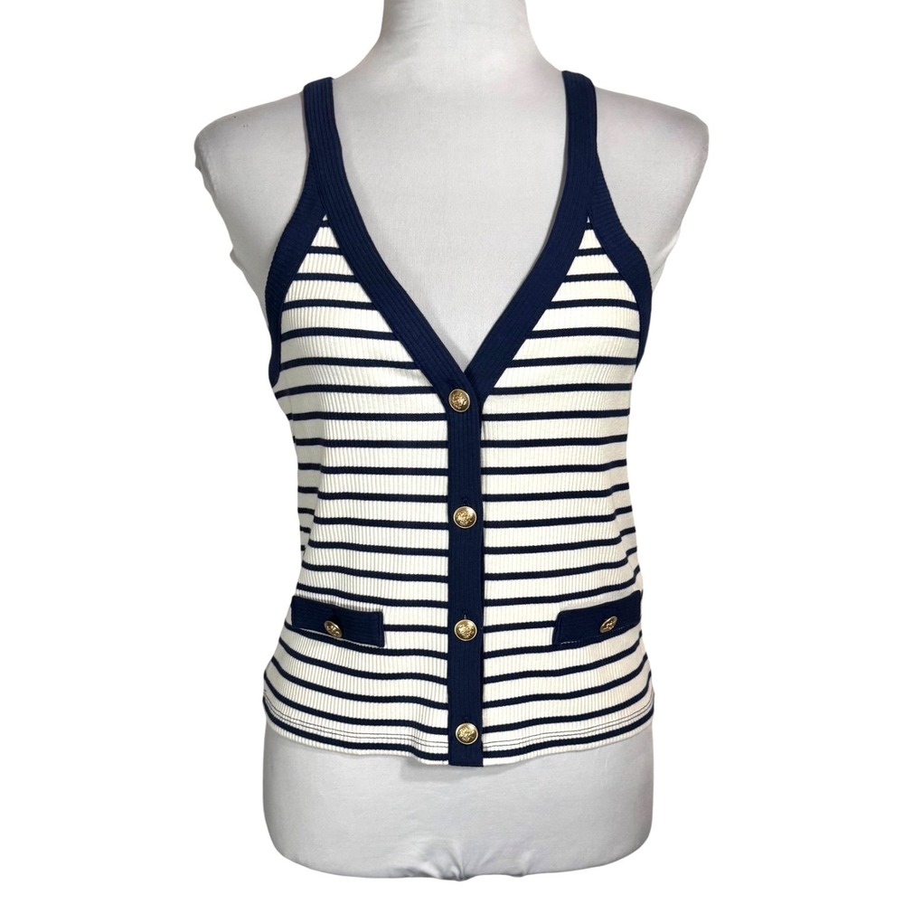 J.Crew Ribbed Knit Lady Jacket Tank Top Size M Striped Blue Gold Button Nautical